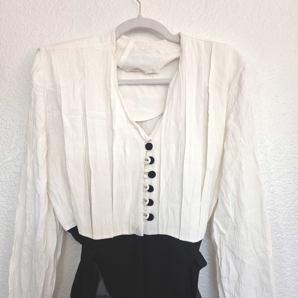 Vintage Menu Two Tone Jumpsuit Black White‎ Wide Leg Rayon 80s Made in USA 11-12